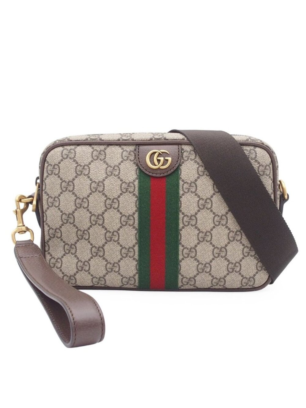 Gucci Ophidia Small Cross Belt Bag Beige Dark Brown GG Supreme Canvas 2-Way